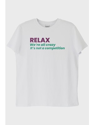Lofux RELAX Mesajlı Minimal Baskılı Beyaz Tişört