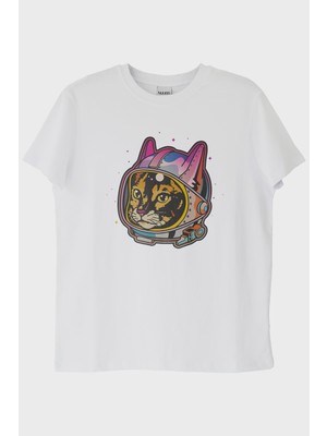 lofux Astrocat Renkli Astronot Kedi Baskılı Beyaz Tişört