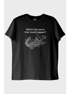 lofux What's the Worst That Could Happen? Deniz Canlısı Tasarımlı Siyah Tişört