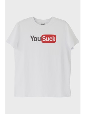 Lofux You Suck Baskılı Eğlenceli Tasarımlı Beyaz Tişört