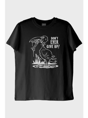 lofux Don't Ever Give Up Baskılı Motivasyon Siyah Tişört