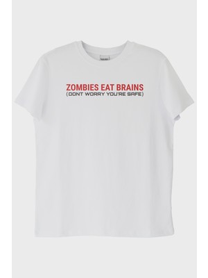 lofux Zombies Eat Brains Baskılı Beyaz Tişört
