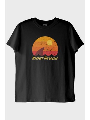lofux Respect The Locals Köpekbalığı Baskılı Vintage Siyah Tişört