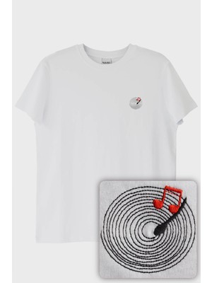 Lofux Plak Desenli Nakış Müzik T-Shirt