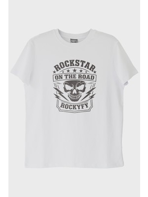 Lofux Rockstar On The Road Kafatası Baskılı Beyaz Tişört