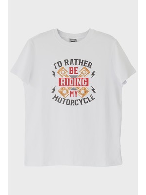 lofux I'd Rather Be Riding My Motorcycle Baskılı Beyaz Tişört