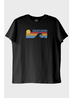 lofux California Retro Dalga Baskılı Tasarım Siyah Tişört