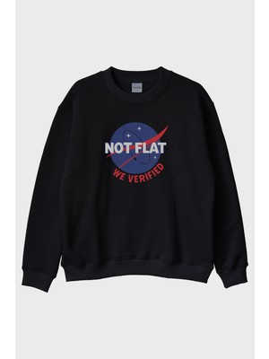 Lofux Bilim ve Mizahı Birleştiren 'not Flat - We Verified' Siyah Bisiklet Yaka Sweatshirt