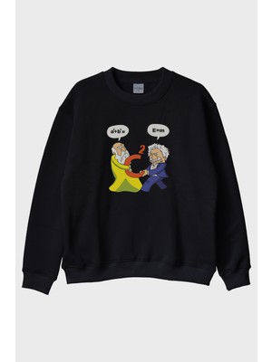 Lofux Einstein Pisagor Siyah Bisiklet Yaka Sweatshirt