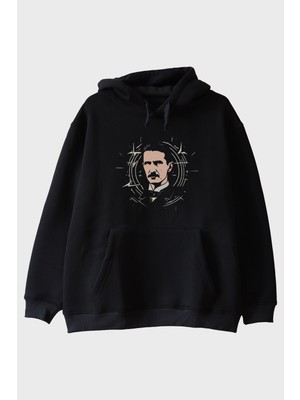 Lofux Nikola Tesla Illüstrasyon Baskılı Tasarım Siyah Hoodie