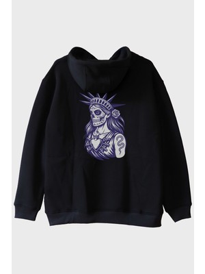 Lofux Özgürlük Heykeli Stilinde Illüstrasyonlu Baskılı Siyah Hoodie