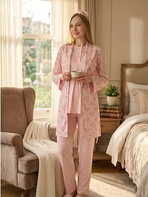 LOHUSSA Yeni Sezon Somon Desenli Yazlık Dantel Detaylı Düğmeli Kısa Kol Hamile Sabahlık Pijama Takım Seti