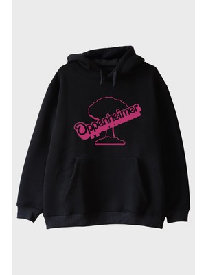 Lofux Oppenheimer & Barbie Baskılı Retro Siyah Hoodie