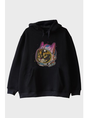 Lofux Astrocat Renkli Astronot Kedi Baskılı Siyah Hoodie