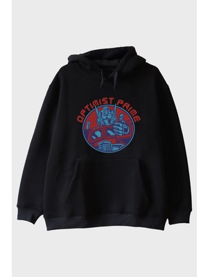 Lofux Optımıst Prıme Tasarımlı Robot Baskılı Siyah Hoodie