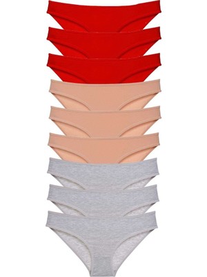 Sungur's Store 9 Adet Süper Eko Set Likralı Kadın Slip Külot Kırmızı Ten Gri
