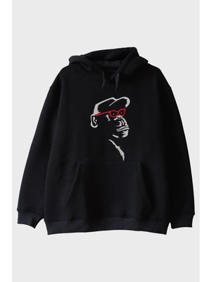 Lofux Gözlüklü Primat Minimal Tasarım Baskılı Siyah Hoodie