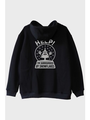 Lofux Help! I'm Surrounded By Snowflakes Ironik Tasarım Baskılı Siyah Hoodie