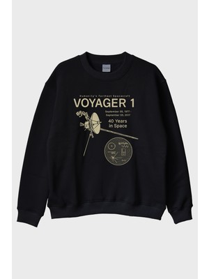 Lofux Uzay Keşfi Temalı Retro Voyager 1 Bilim Siyah Bisiklet Yaka Sweatshirtü