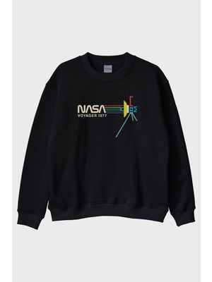 Lofux Retro Nasa Voyager 1977 Vintage Uzay Siyah Bisiklet Yaka Sweatshirtü