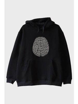Lofux Beyin Grafikli Baskılı Siyah Hoodie