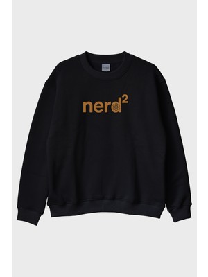 Lofux Nerd² Atom Sembollü Baskılı Siyah Bisiklet Yaka Sweatshirt