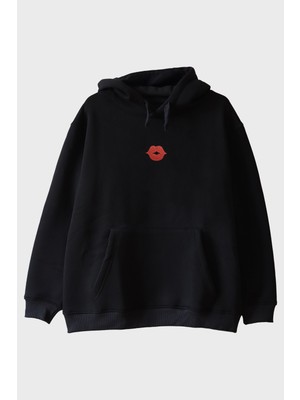 Lofux Dudak Desenli Nakış Hoodie - Sevgililer Günü Çift Tişörtleri