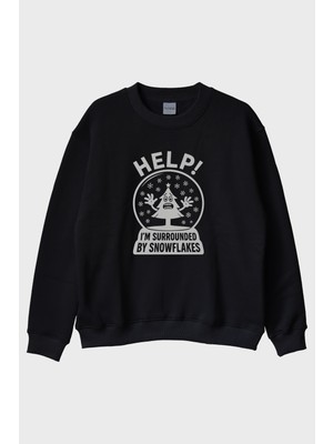 Lofux Help! I'm Surrounded By Snowflakes Ironik Tasarım Baskılı Siyah Bisiklet Yaka Sweatshirt