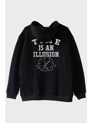 Lofux Time Is An Illusion Baskılı Minimalist Siyah Hoodie