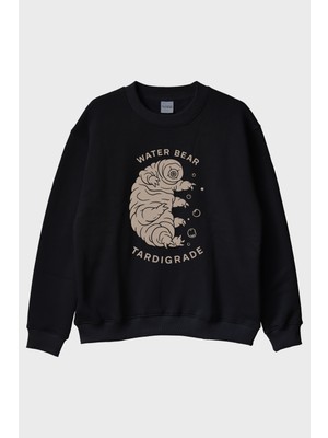 Lofux Water Bear Tardigrade Baskılı Siyah Bisiklet Yaka Sweatshirt