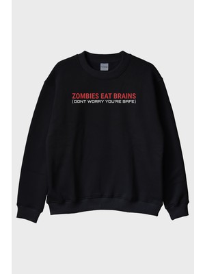Lofux Zombies Eat Brains Baskılı Siyah Bisiklet Yaka Sweatshirt