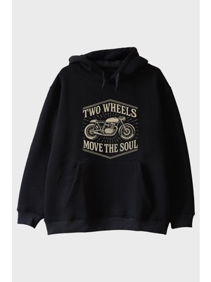 Lofux Two Wheels Move The Soul Motosiklet Tasarımlı Siyah Hoodie