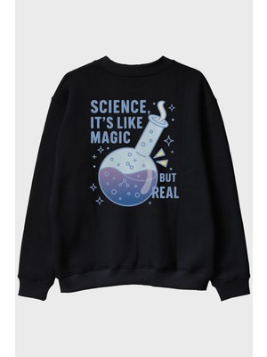 Lofux Bilim ve Sihirin Eğlenceli Buluşması Siyah Bisiklet Yaka Sweatshirt