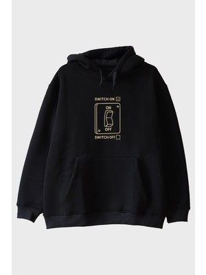 Lofux Switch On Off Elektrik Şalter Tasarımlı Baskılı Siyah Hoodie