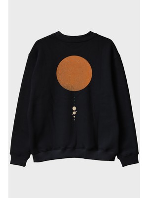 Lofux Minimalist Güneş Sistemi Tasarımlı Bilim Siyah Bisiklet Yaka Sweatshirtü