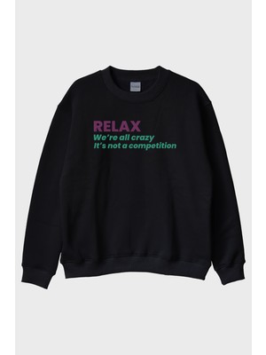 Lofux Relax Mesajlı Minimal Baskılı Siyah Bisiklet Yaka Sweatshirt