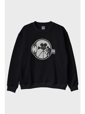 Lofux Eski Film Kamerası Baskılı Tasarım Siyah Bisiklet Yaka Sweatshirt