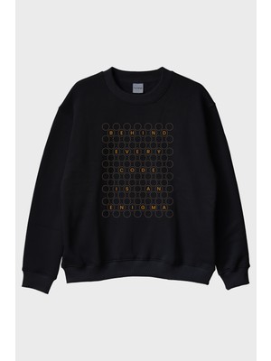 Lofux Behind Every Code Is An Enigma Baskılı Siyah Bisiklet Yaka Sweatshirt