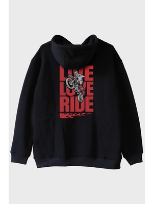 Lofux Live Love Ride Baskılı Motosiklet Siyah Hoodie