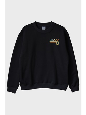 Lofux Retro Kuşlar Siyah Bisiklet Yaka Sweatshirt