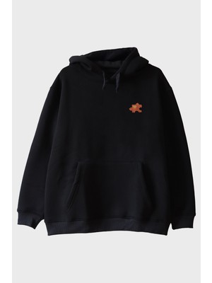 Lofux Turuncu Puzzle Parçası Desenli Nakış Hoodie - Sevgililer Günü Çift Tişörtü