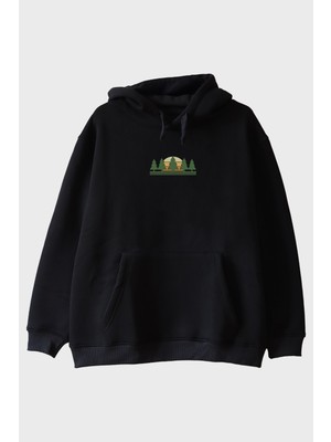 Lofux Minimalist Doğa Manzaralı Baskılı Tasarım Siyah Hoodie