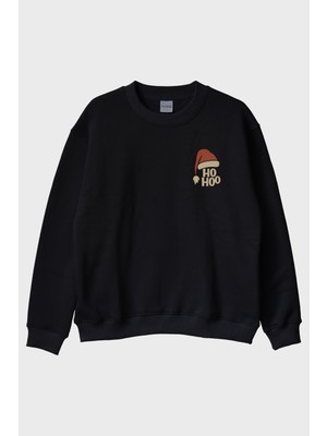 Lofux Ho Ho Şapka Siyah Bisiklet Yaka Sweatshirt