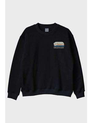 Lofux Beyond Ordinary Baskılı Siyah Bisiklet Yaka Sweatshirt