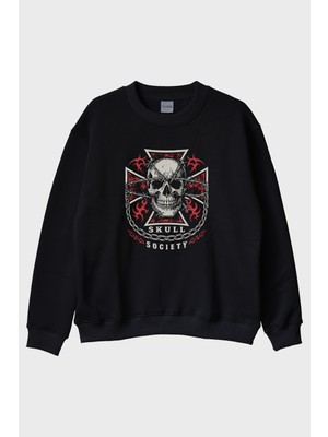 Lofux Skull Society Kafatası Tasarımlı Siyah Bisiklet Yaka Sweatshirt
