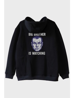 Lofux Big Brother Is Watching Baskılı Distopik Siyah Hoodie