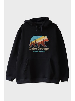 Lofux Lake George New York Ayı Siluetli Baskılı Siyah Hoodie