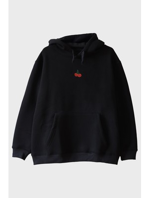 Lofux Kiraz Desenli Siyah Nakış Hoodie