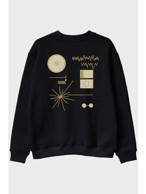 Lofux Golden Record Uzay Temalı Minimalist Bilim Siyah Bisiklet Yaka Sweatshirt