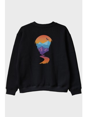 Lofux Montain Baskılı Doğal Manzara Tasarım Siyah Bisiklet Yaka Sweatshirt